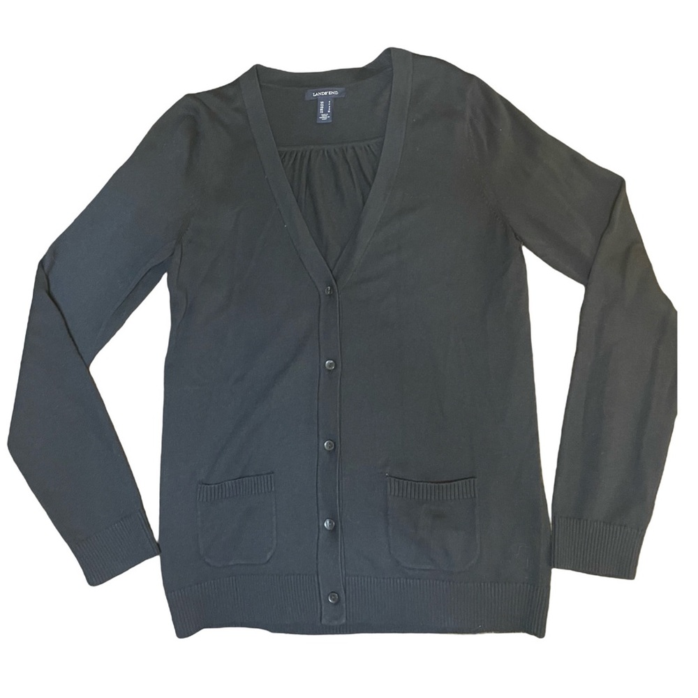 Lands End Black Cotton Modal V-Neck Button Up Cardigan with Pockets